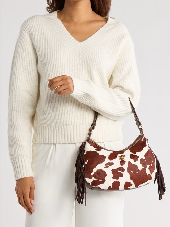 Handbags - Sam Edelman Calfskin Fringe Shoulder Bag - Brown & White Cowprint